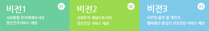 비전1 : 사회통합 관리체계로서의 정신건강서비스 제공
		비전2 : 사회투자 개념으로서의 정신건강 서비스 제공
		비전3 : 시민의 삼의 질 개선과 행복증진 중심의 정신건강 서비스 제공