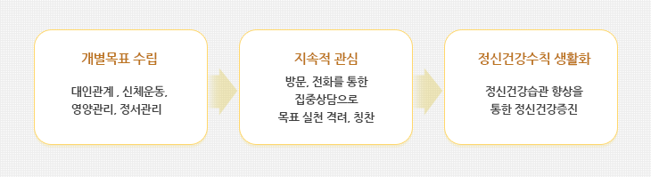 개별목표 수립:사회활동, 운동, 영양, 스트레스관리 4가지 영양 별 목표 설정. 지속적 관심 : 방문, 전화를 통한 집중상담으로 목표 실천 격려, 칭찬. 정신건강수칙 생활화 : 정신건강습관 향상을 통한 정신건강증진